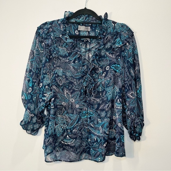 Anthropologie Sheer Floral Long Balloon Sleeve Lace Up Blue Peasant Blouse Top - Picture 10 of 11